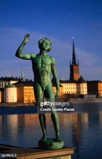 the song statue by river at stadshuset (city hall), stockholm, sweden - contea di stoccolma foto e immagini stock