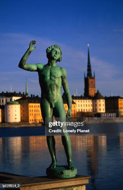 the song statue by river at stadshuset (city hall), stockholm, sweden - stockholm county stock pictures, royalty-free photos & images