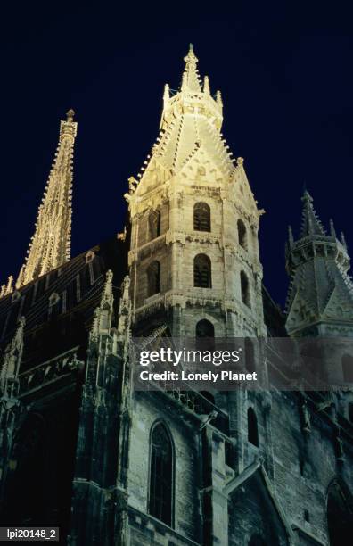 towers of stephansdom cathedral at night, innere stadt, low angle view, vienna, austria - wiener innenstadt stock-fotos und bilder