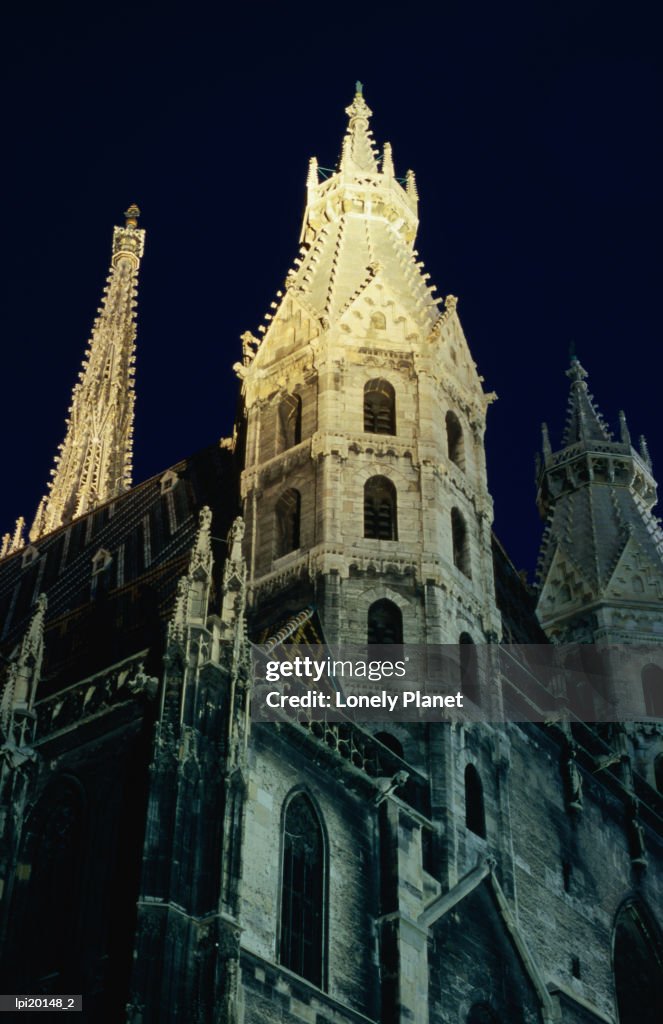 Towers of Stephansdom Cathedral at night, Innere Stadt, Low Angle View, Vienna, Austria