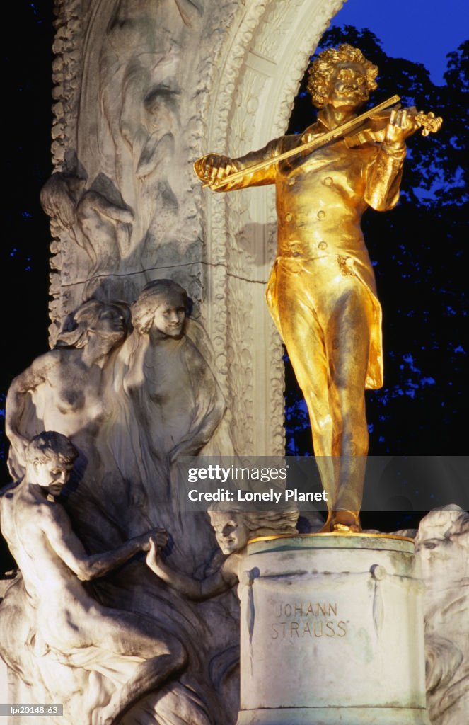 Statue of Johann Strauss at night, Innere Stadt, Vienna, Austria