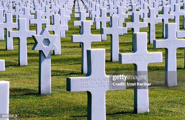 star of david and crucifixes in american cemetery, low angle view, omaha beach, france - americans stockfoto's en -beelden