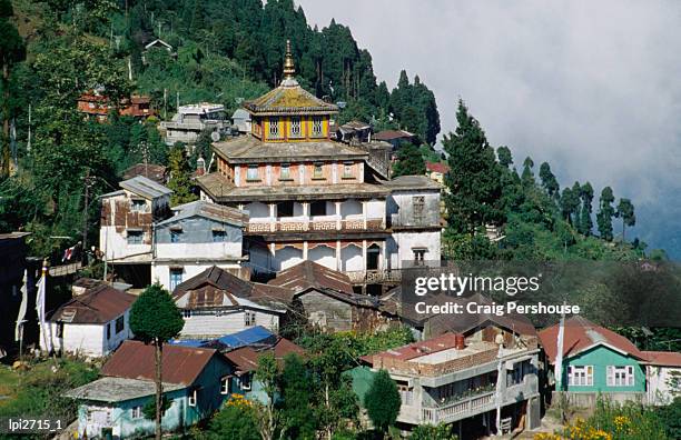 aloobari monastery and surrounding village, darjeeling, india - craig pershouse stockfoto's en -beelden