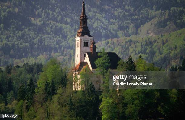 belfry of baroque church of the assumption, bled island. - gorenjska stock pictures, royalty-free photos & images
