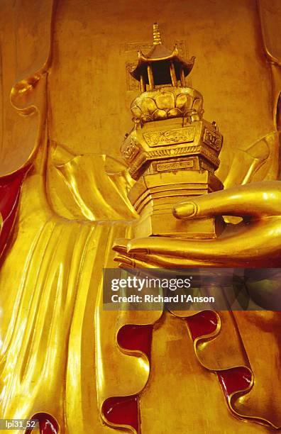 detail of large golden buddha inside ten thousand buddhas monastery (housing 12,800 buddha statues), sha tin, hong kong, china, north-east asia - hong kong stockfoto's en -beelden