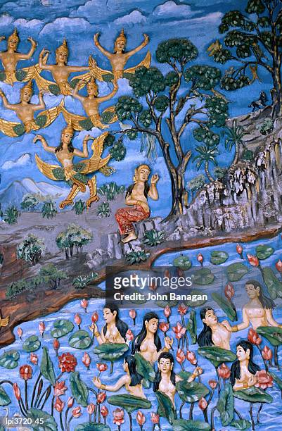 painted wood carving from wat ho siang, luang prabang, laos - ho stock pictures, royalty-free photos & images