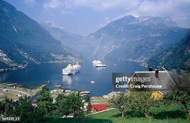 cruise ship at geirangerfjord, geiranger, norway - craig stock pictures, royalty-free photos & images