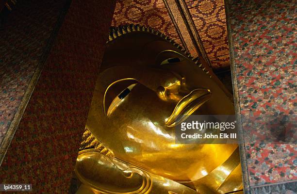 face of largest reclining buddha in thailand, wat pho, low angle view, bangkok, thailand - elk photos et images de collection