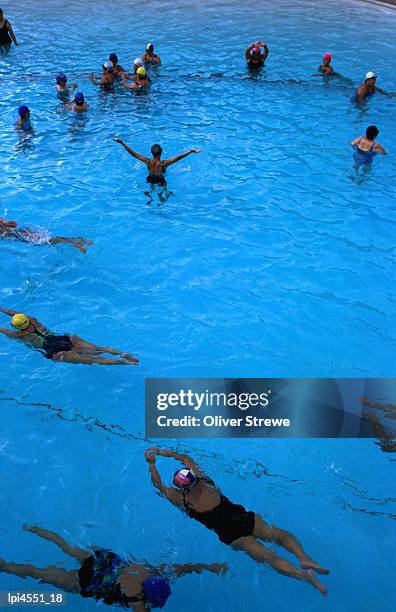 water aerobics in pool at kowloon park, hong kong, china - south east china stock pictures, royalty-free photos & images