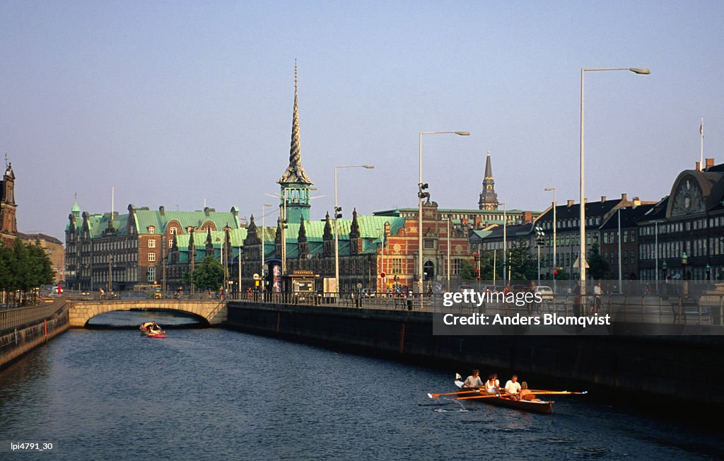Fredriksholm canal with the Borsen building (stockmarket) in background, Copenhagen, Denmark, Europe