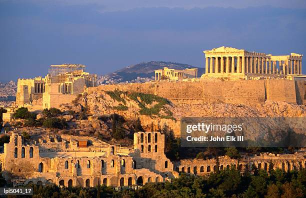 the acropolis taken from phiopappos hill, low angle view, athens, greece - central greece stock pictures, royalty-free photos & images