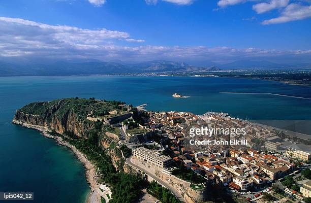 aerial view of nafplio (nauplion) from palamidi fort, nafplio, greece - iii stock pictures, royalty-free photos & images