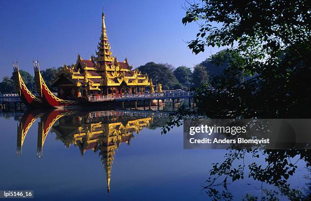 floating royal barge, karaweik on lake kandawgyi, mandalay, myanmar (burma), south-east asia - east lake stock pictures, royalty-free photos & images