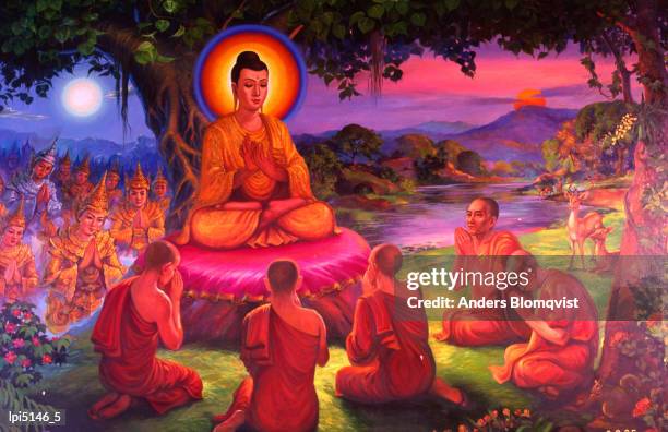 mural in the shwedagon depicting buddha's first sermon, yangon, myanmar (burma), south-east asia - shwedagon pagoda stock illustrations