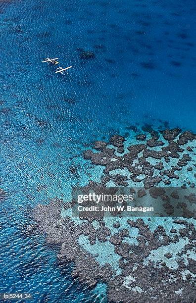 aerial view of seaplanes landed near reef, great barrier reef, australia - barrier imagens e fotografias de stock