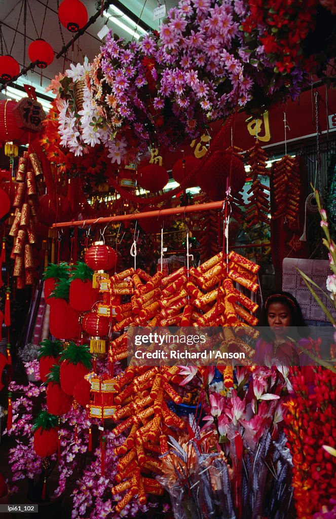 Garlands of firecrackers and flowers, Melaka, Melaka, Malaysia, South-East Asia