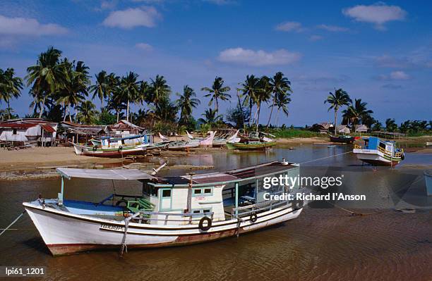 boats on lagoon, marang, terengganu, malaysia, south-east asia - terengganu stockfoto's en -beelden