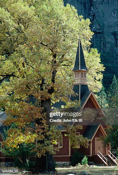 yosemite chapel, low angle view, yosemite valley, united states of america - elk stockfoto's en -beelden