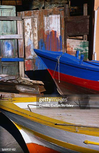 detail of hulls of rinella fishing boats, rinella,salina,sicily,italy,europe - isole eolie stock pictures, royalty-free photos & images