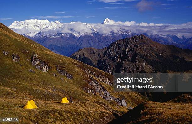 campsite below kauri pass with chaukhamba range in background, kuari pass, uttar pradesh, india, indian sub-continent - passer ストックフォトと画像