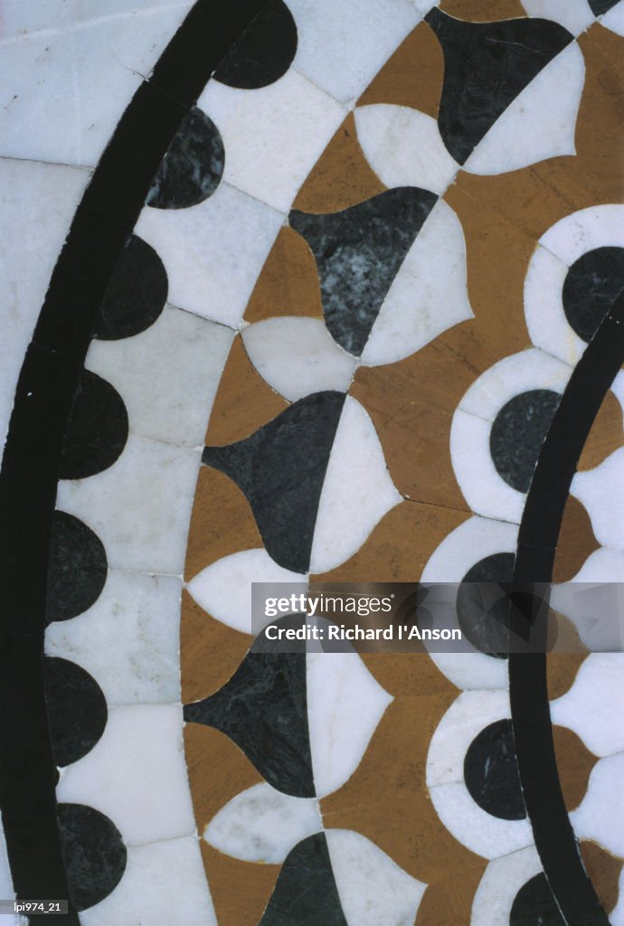 Marble inlay detail of parkarma (circular walkway) around sacred pool of Golden Temple, Amritsar, Punjab, India, Indian Sub-Continent