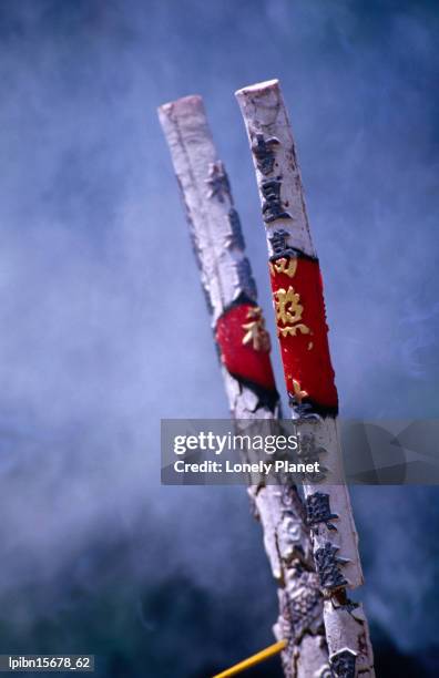 burning incense at po lin (precious lotus) monastery., lantau island, hong kong, china, north-east asia - hong kong stockfoto's en -beelden