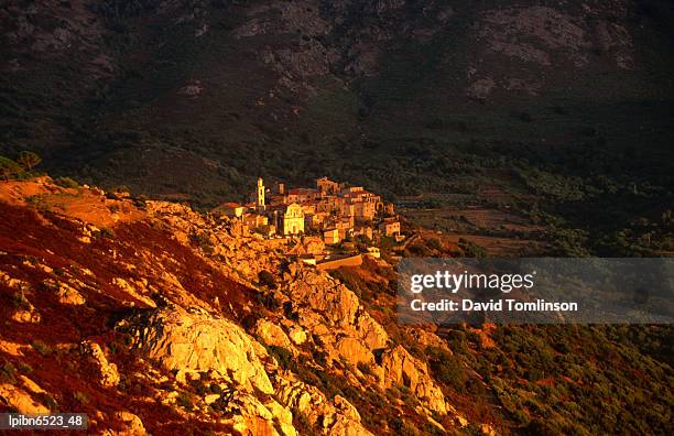 village at sunset., montemaggiore, corsica, france, europe - balagne stock-fotos und bilder