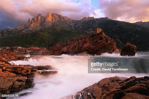 the harbour and genoese tower with capo d'orto beyond., porto, corsica, france, europe - genoese stock pictures, royalty-free photos & images