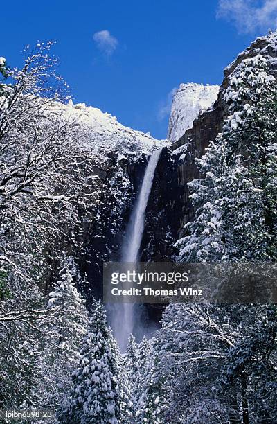 bridalveil falls in winter., yosemite valley, california, united states of america, north america - thomas photos et images de collection