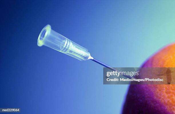 needle of a syringe inserted into an apple - alimento genéticamente modificado fotografías e imágenes de stock