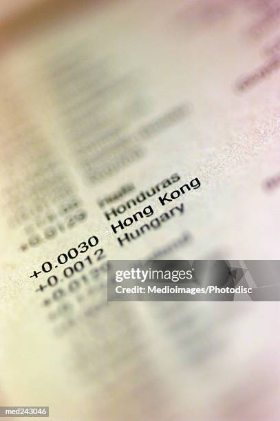extreme close-up of document with numbers and countries, selective focus - share prices of consumer companies pushes dow jones industrials average sharply higher stockfoto's en -beelden
