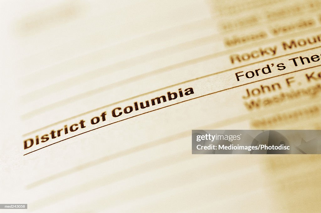 Document with the words 'District Of Columbia,' and 'Ford's Theater,' extreme close-up, selective focus