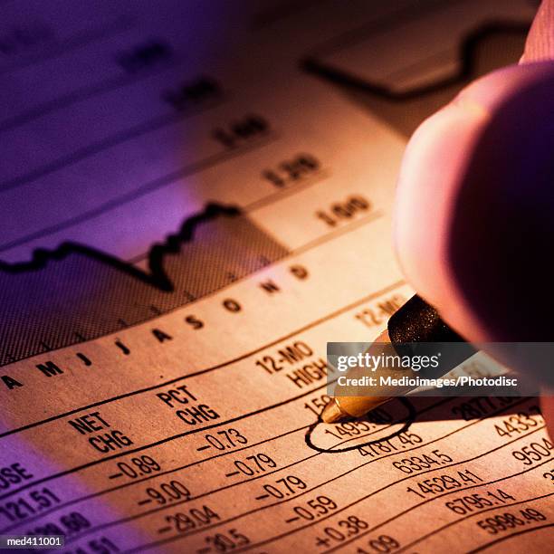 hand holding a pen, encircling numbers on paper - share prices of consumer companies pushes dow jones industrials average sharply higher stockfoto's en -beelden