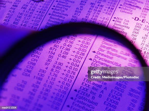 close-up of a magnifying glass on paper - share prices of consumer companies pushes dow jones industrials average sharply higher stockfoto's en -beelden