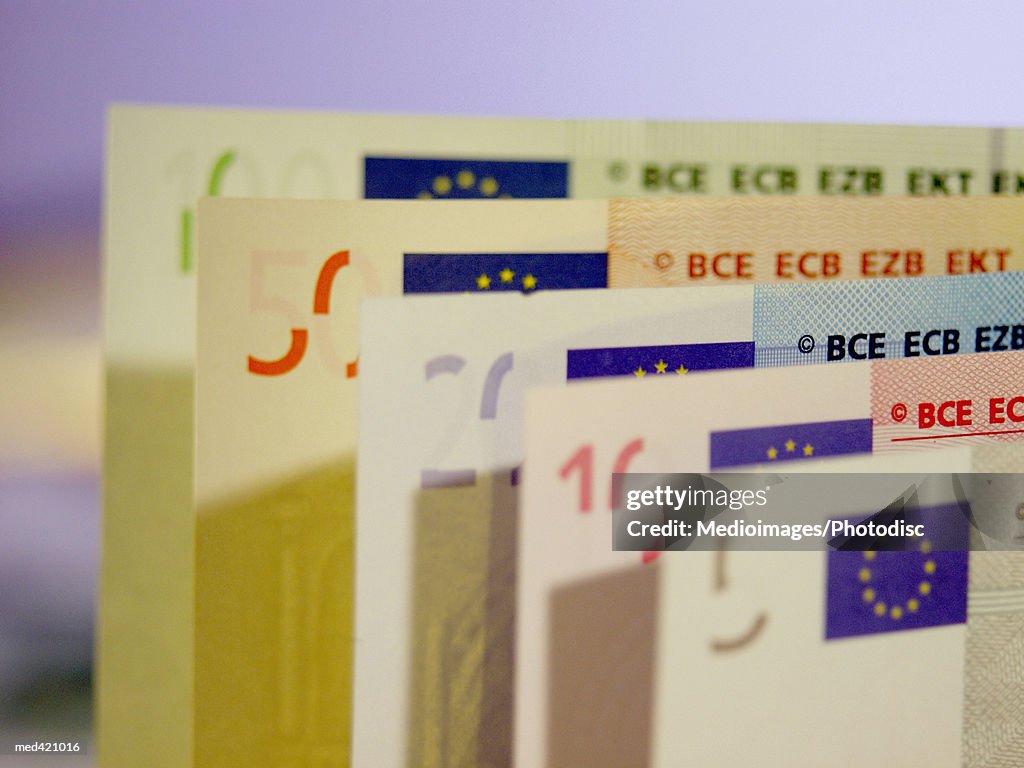 Close-up of Euro bank notes