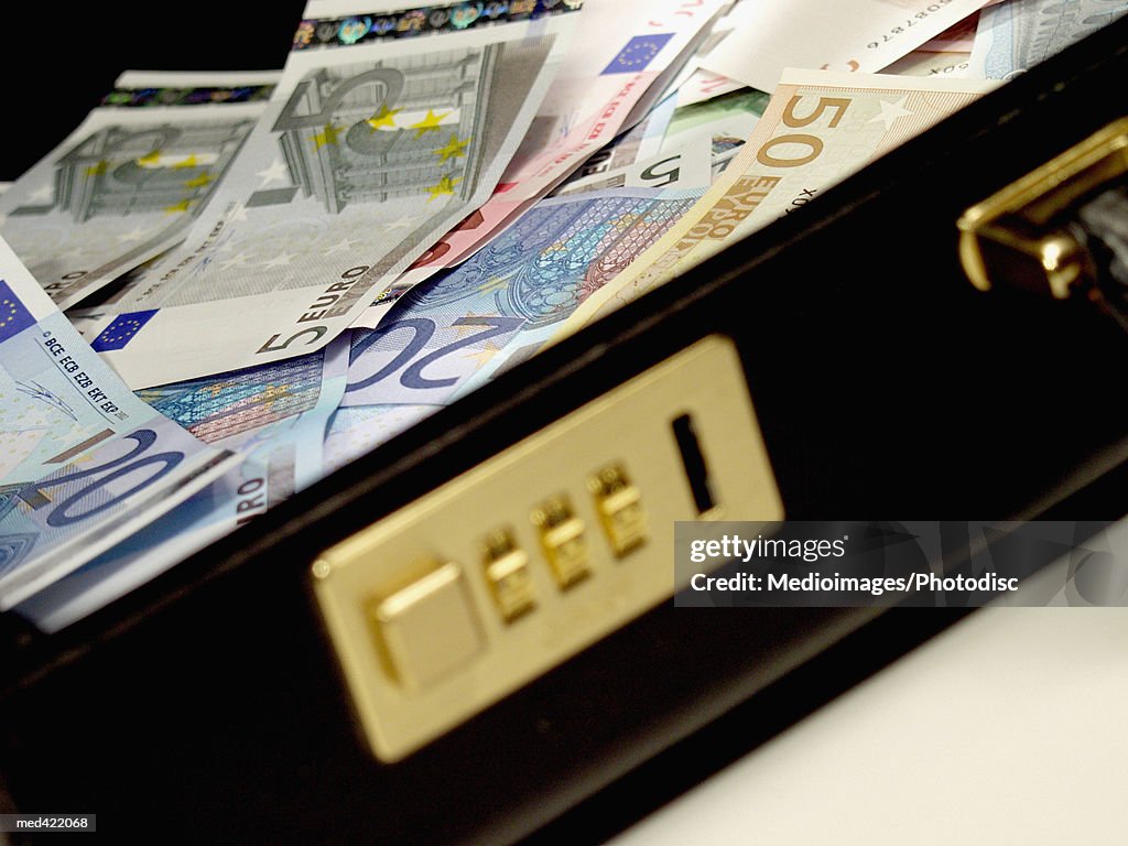 Euro bank notes in a briefcase