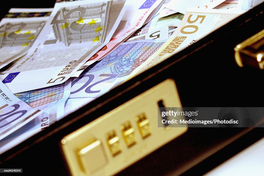 Euro bank notes in a briefcase