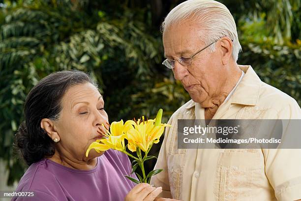 senior couple outdoors with woman smelling flowers, close-up - lili gentle fotografías e imágenes de stock