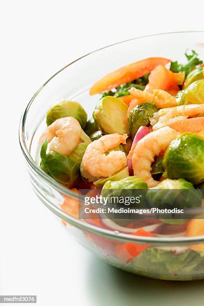 bowl of salad with shrimp and vegetables, close-up, part of - orangefarbige paprika stock-fotos und bilder