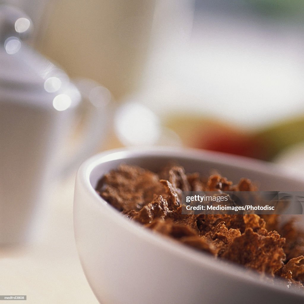 Bowl of cereal with spoon and part of sugar bowl with lid, close-up, tilt
