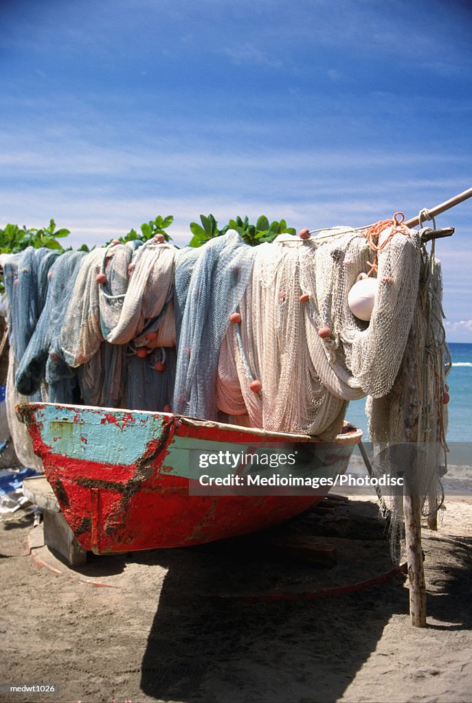 Fishing Net Hanging On Boat At Anse La Raye In St Lucia Caribbean