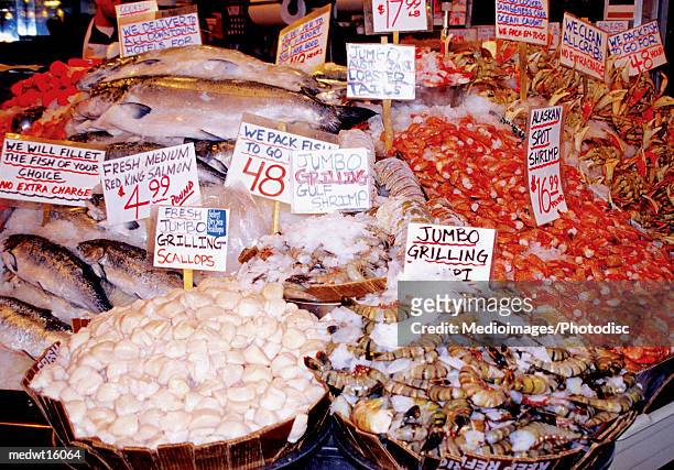 seafood at pike market in seattle, washington, usa - pike stock-fotos und bilder