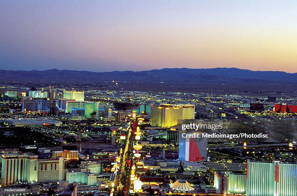 Casinos on the strip at night in Las Vegas, Nevada, USA