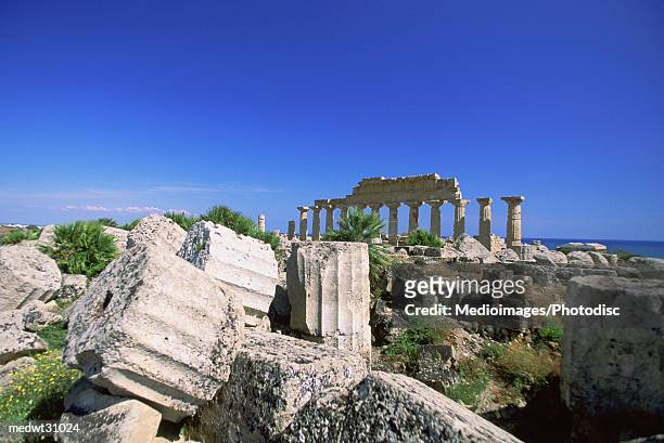 ruins of temple c on the acropolis of selinunte, sicily, italy - zentralgriechenland stock-fotos und bilder