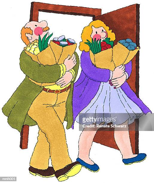 mr. & mrs. carrying groceries - woman entering home stock illustrations