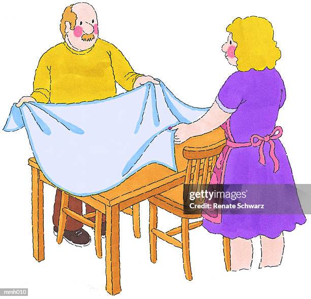 mr. & mrs. spreading tablecloth - schwarz stock illustrations