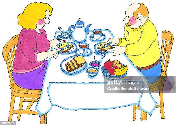 mr. & mrs. eating breakfast - table white tablecloth stock illustrations