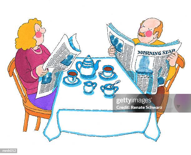 mr. & mrs. reading newspaper - broadsheet stock illustrations