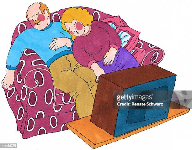 ilustraciones, imágenes clip art, dibujos animados e iconos de stock de mr. & mrs. asleep in front of tv - loveseat