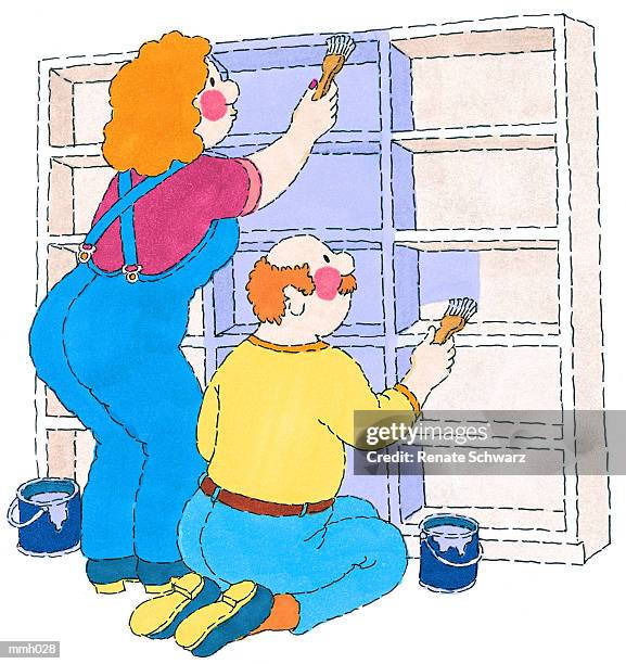 mr. & mrs. painting bookcase - interior house painter stock illustrations